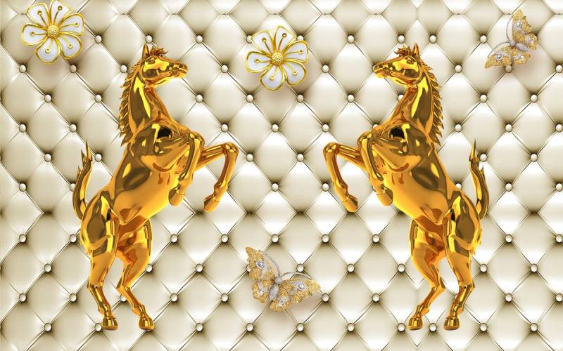 Papermoon Fototapete "Muster mit Pferden gold weiß" von Papermoon