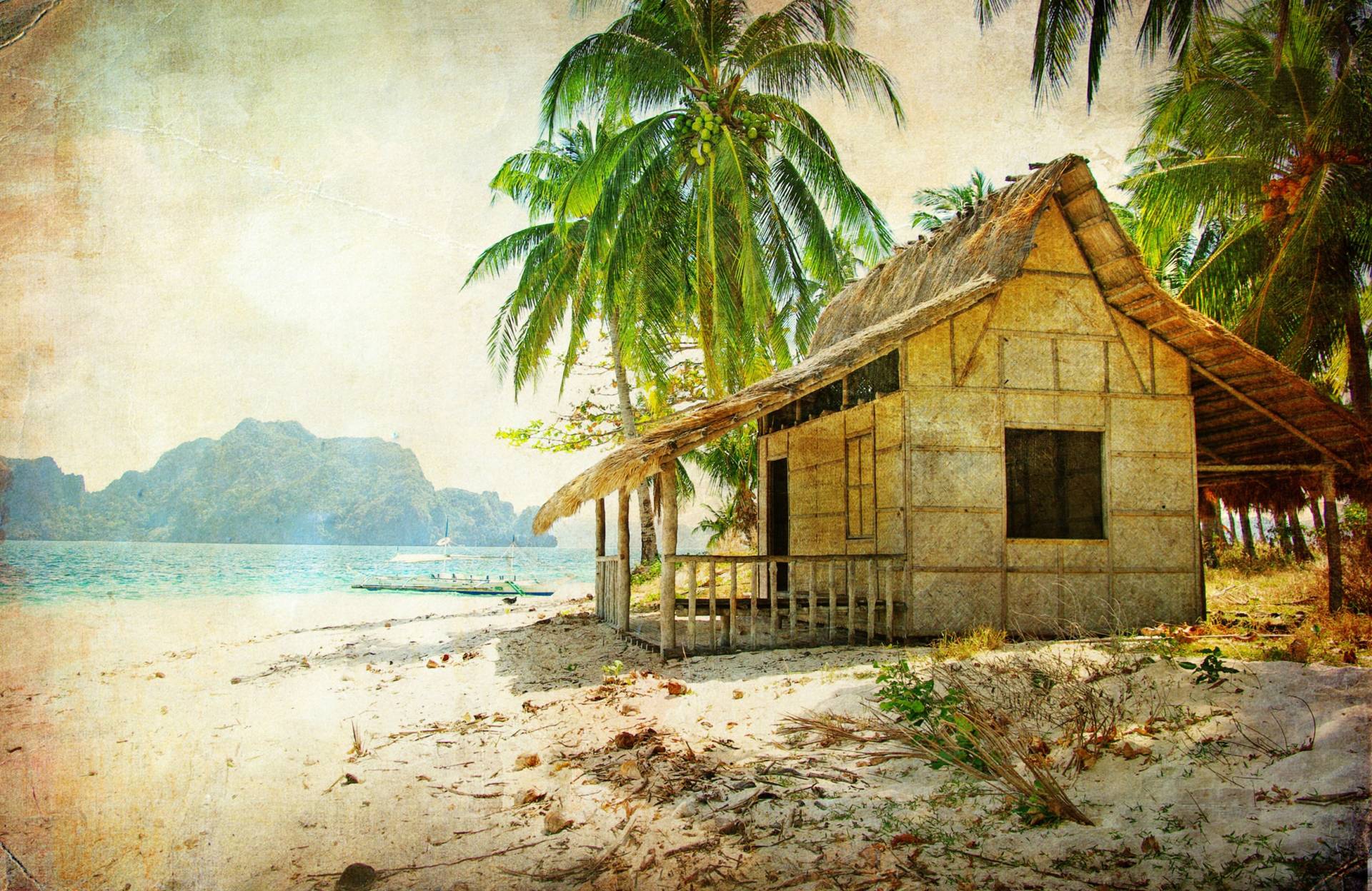 Papermoon Fototapete "PALMEN-STRAND-RETRO VINTAGE KARIBIK SÜDSEE MEER DÜNEN" von Papermoon