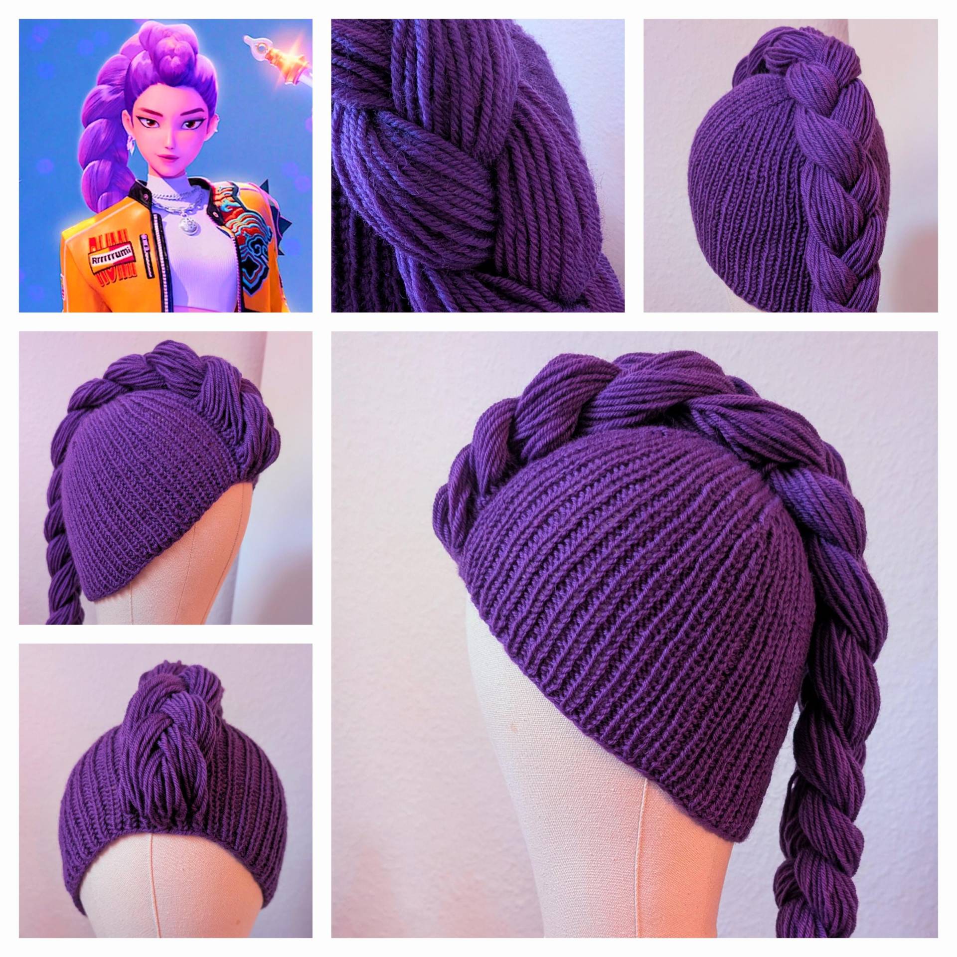 Handmade Rumi Hat Inspired Beanie Braid Kpop Demon Hunters Huntrix Hair Hadknitted Ponytail Cosplay Costume Korean Netflix von PaperwingsxdCosplay