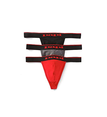 papi Herren 3er Pack Premium Fashion Cotton Active Stretch Thong, Rot/Grau/Schwarz, Medium von Papi