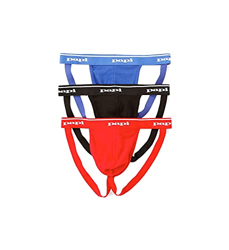 Papi Herren Premium Cheeky Butt-flaunting Cotton Jock Strap, Of Underwear, 3er Pack, Rot/Schwarz/Blau, M EU von Papi