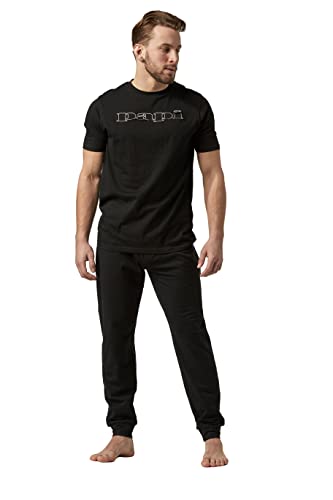 Papi Herren Pyjama, kurzärmeliges Oberteil und Lange Pyjamahose, Loungewear-Set Pyjamaset, schwarz, Large von Papi