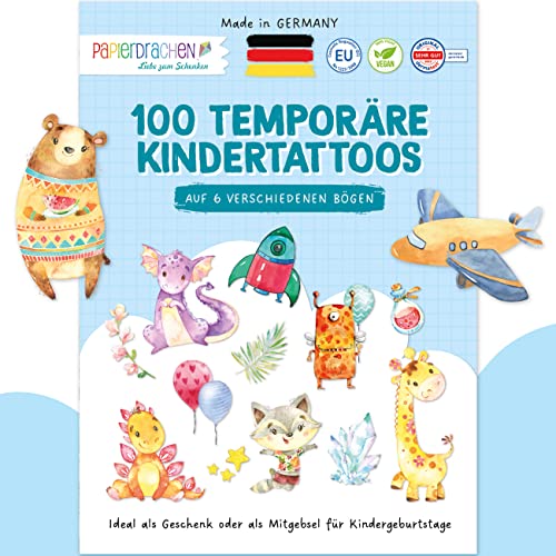 Papierdrachen 100+ Tattoos für Jungen - besonders hautfreundliche Kindertattoos - Dino, Monster & Drachen - Tattoos für Kinder - Geschenkidee & Mitgebsel - 100% vegan & dermatologisch geprüft - Set 1 von Papierdrachen