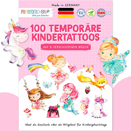 Papierdrachen 100+ Tattoos für Mädchen - besonders hautfreundliche Kindertattoos - Einhörner & Meerjungfrauen - als Mitgebsel oder Geschenkidee - dermatologisch geprüft - Set 2 von Papierdrachen