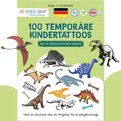 Papierdrachen 100+ Tattoos für Jungen - hautfreundliche Kindertattoos - Dinosaurier - Tattoos für Kinder - Geschenkidee & Mitgebsel - 100% vegan & dermatologisch geprüft - Set 9 von Papierdrachen