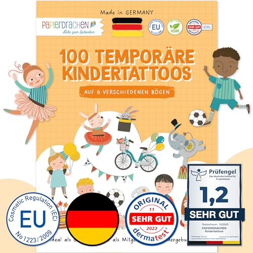 Papierdrachen 100 Kindertattoos zum Aufkleben aus Deutschland - Tattoos mit Aktivitäten und weiteren kindgerechten Designs - als Geburtstagsmitgebsel - vegan - Diversity - Set 14 von Papierdrachen