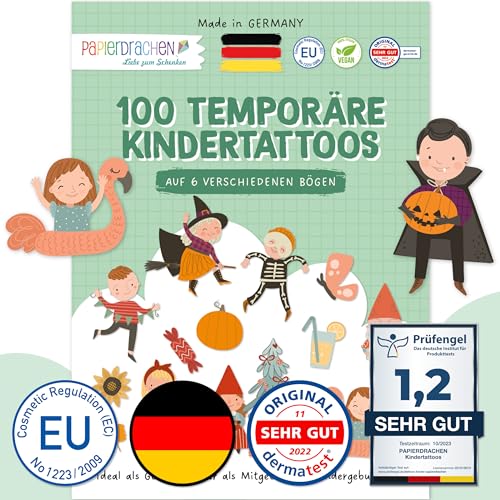 Papierdrachen 100 Kindertattoos zum Aufkleben aus Deutschland - Tattoos mit Jahreszeiten und weiteren kindgerechten Designs - als Geburtstagsmitgebsel - vegan - Diversity - Set 13 von Papierdrachen