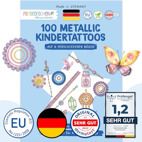 Papierdrachen 100 Metallic-Tattoos für Kinder - Hautfreundliche Kindertattoos Schmuckelemente - Glitzer Tattoo - Geburtstagsmitgebsel - Für Jungen und Mädchen - in Deutschland hergestellt von Papierdrachen