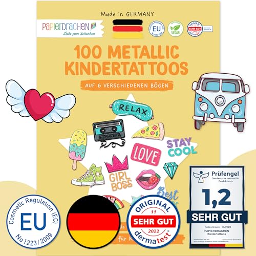 Papierdrachen 100 Metallic-Tattoos für Kinder - Hautfreundliche Kindertattoos Summerjam - als Geburtstagsmitgebsel & Geschenkidee - für Jungen und Mädchen - in Deutschland hergestellt von Papierdrachen