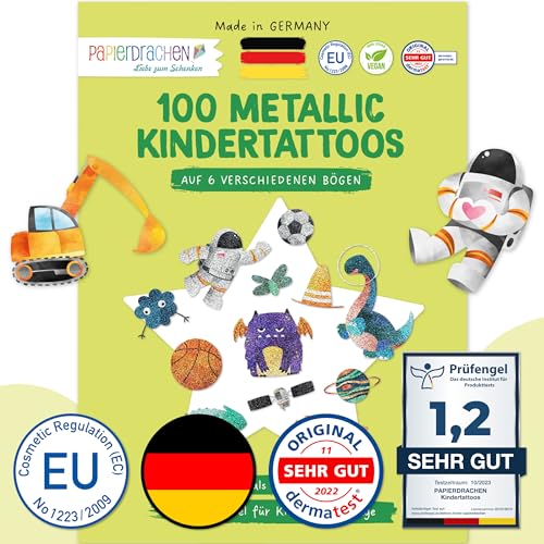 Papierdrachen 100 Metallic-Tattoos für Kinder - Hautfreundliche Kindertattoos Bagger und Dino - als Geburtstagsmitgebsel & Geschenkidee - für Jungen und Mädchen - in Deutschland hergestellt von Papierdrachen