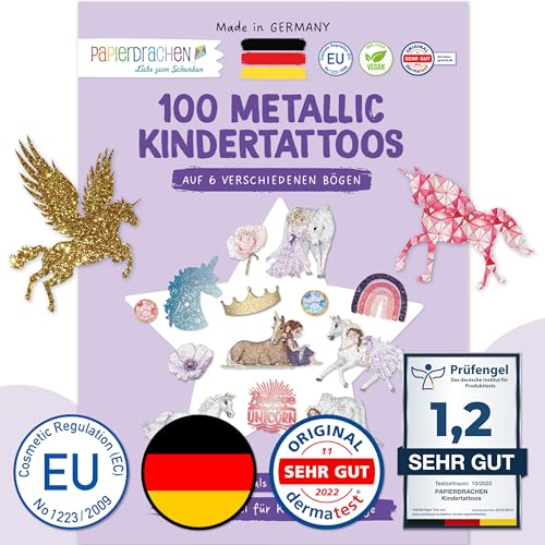 Papierdrachen 100 Metallic-Tattoos für Kinder - Hautfreundliche Kindertattoos Einhörner - Glitzer Tattoo - Geburtstagsmitgebsel - Für Jungen und Mädchen - in Deutschland hergestellt von Papierdrachen