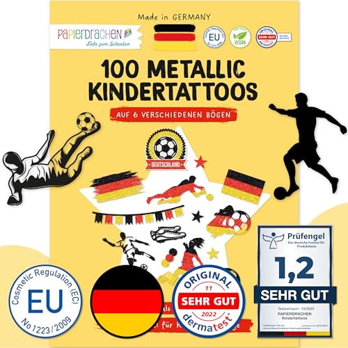 Papierdrachen 100 Metallic-Tattoos für Kinder - Hautfreundliche Kindertattoos Fußball Deutschland - Glitzer Tattoo - Geburtstagsmitgebsel - Für Jungen und Mädchen - in Deutschland hergestellt von Papierdrachen