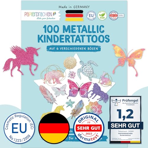 Papierdrachen 100 Metallic-Tattoos für Kinder - Hautfreundliche Kindertattoos Mandala - als Geburtstagsmitgebsel & Geschenkidee - für Jungen und Mädchen - in Deutschland hergestellt von Papierdrachen