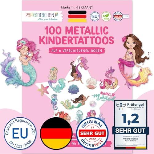 Papierdrachen 100 Metallic-Tattoos für Kinder - Hautfreundliche Kindertattoos Meerjungfrauen - Glitzer Tattoo - Geburtstagsmitgebsel - Für Jungen und Mädchen - in Deutschland hergestellt von Papierdrachen