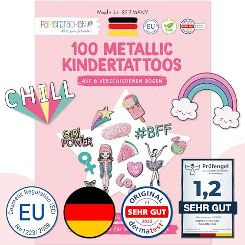 Papierdrachen 100 Metallic-Tattoos für Kinder - Hautfreundliche Kindertattoos Pop Art - als Geburtstagsmitgebsel & Geschenkidee - für Jungen und Mädchen - in Deutschland hergestellt von Papierdrachen