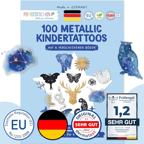 Papierdrachen 100 Metallic-Tattoos für Kinder - Hautfreundliche Kindertattoos Sonne, Mond und Sterne - Glitzer Tattoo - Geburtstagsmitgebsel - Für Jungen und Mädchen - in Deutschland hergestellt von Papierdrachen