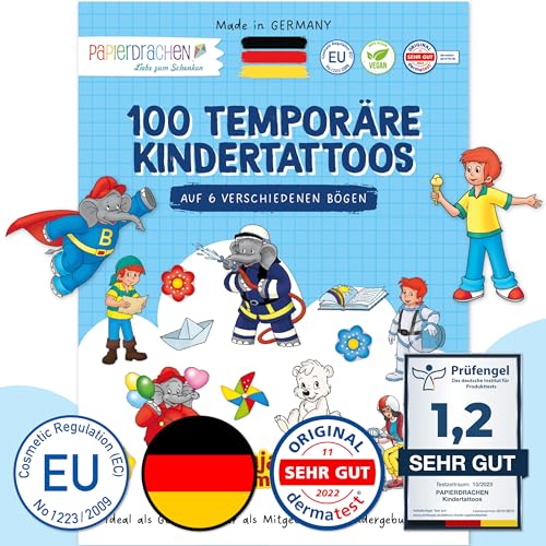 Papierdrachen 100 Tattoos für Kinder - Hautfreundliche Kindertattoos Benjamin Blümchen - kindgerechte Designs - als Mitgebsel oder Geschenkidee - 100% vegan & dermatologisch geprüft von Papierdrachen