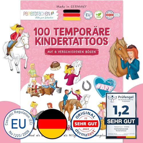 Papierdrachen 100 Tattoos für Kinder - Hautfreundliche Kindertattoos Bibi & Tina - kindgerechte Designs - als Mitgebsel oder Geschenkidee - 100% vegan & dermatologisch geprüft von Papierdrachen