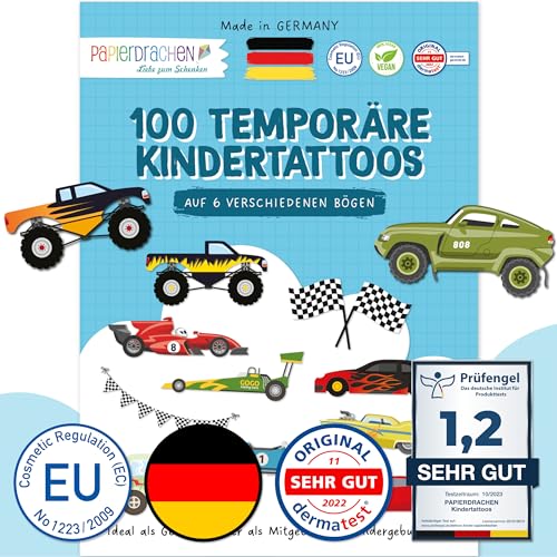 Papierdrachen 100 besonders hautfreundliche Kindertattoos - Tattoos Autos - für Kinder - für Jungen und Mädchen - geprüft & made in Germany - Set 25 von Papierdrachen