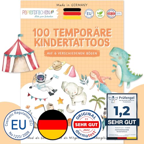Papierdrachen 100 besonders hautfreundliche Kindertattoos - Tattoos Bunter Mix - kindgerechte Designs - als Geburtstagsmitgebsel oder Geschenkidee - 100% vegan & dermatologisch getestet von Papierdrachen