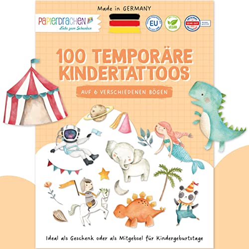 Papierdrachen 100+ Tattoos für Jungen und Mädchen - hautfreundliche Kindertattoos - Bunter Mix - Tattoos für Kinder - Geschenkidee & Mitgebsel - 100% vegan & dermatologisch geprüft - Set 5 von Papierdrachen