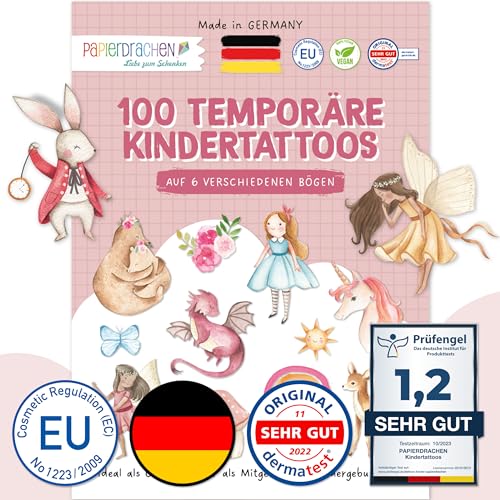 Papierdrachen 100 besonders hautfreundliche Kindertattoos - Tattoos Fabelwesen und Märchen - für Kinder - als Geburtstagsmitgebsel oder Geschenkidee - 100% vegan & geprüft von Papierdrachen