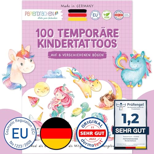 Papierdrachen 100 hautfreundliche Kindertattoos - Tattoos mit Meerjungfrau - als Geburtstagsmitgebsel & Geschenkidee für Kinder - dermatologisch getestet von Papierdrachen
