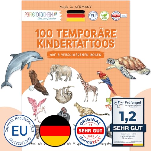 Papierdrachen 100 besonders hautfreundliche Kindertattoos - Tattoos Tiere der Welt - für Kinder - für Jungen und Mädchen - geprüft & made in Germany - Set 26 von Papierdrachen