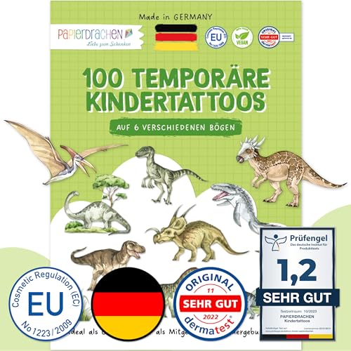 Papierdrachen 100 besonders hautfreundliche Kindertattoos - Tattoos Welt der Dinos - für Kinder - für Jungen und Mädchen - geprüft & made in Germany - Set 27 von Papierdrachen