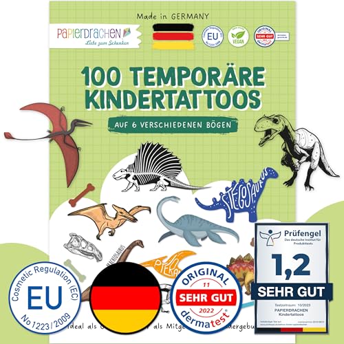 Papierdrachen 100 besonders hautfreundliche Tattoos für Jungen - Kindertattoos mit Dinosaurier - kindgerechte Designs - als Geburtstagsmitgebsel oder Geschenkidee - 100% vegan & geprüft von Papierdrachen