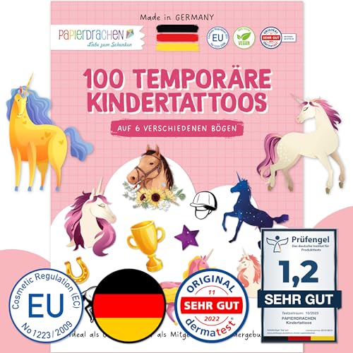 Papierdrachen 100 besonders hautfreundliche Tattoos für Mädchen - Kindertattoos mit Pferde - kindgerechte Designs - als Geburtstagsmitgebsel oder Geschenkidee - 100% vegan & geprüft von Papierdrachen