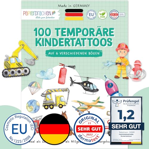 Papierdrachen 100 hautfreundliche Kindertattoos - Tattoos mit Berufe - als Geburtstagsmitgebsel & Geschenkidee für Kinder - dermatologisch getestet von Papierdrachen