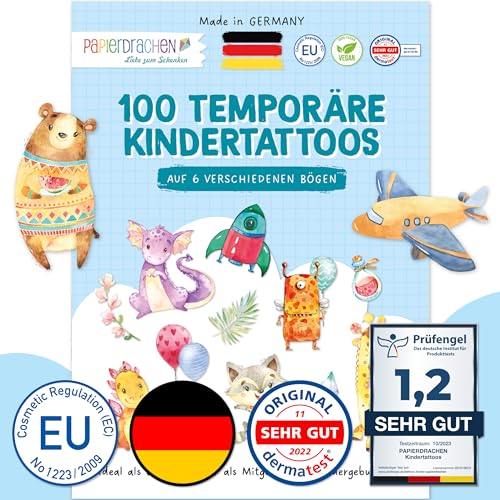 Papierdrachen 100 hautfreundliche Kindertattoos - Tattoos mit Dinosauriern, Monstern & Drachen und weiteren tollen Designs - als Geburtstagsmitgebsel oder Geschenkidee - vegan & geprüft von Papierdrachen