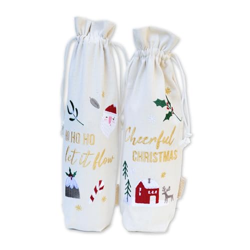 Papierdrachen 2 Flaschenbeutel in beige mit hochwertiger Bestickung - Geschenkverpackung - Taschen für Weinflaschen Set 01 von Papierdrachen