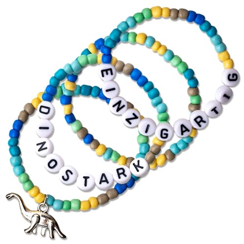 Papierdrachen 4 Perlen-Armbänder in sanften Pastelltönen - mit Dino-Anhänger - tolle Geschenkidee für Kinder - DINOSTARK und EINZIGARTIG - schönes Accessoire - Set 3 von Papierdrachen
