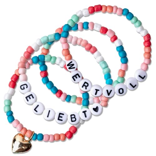 Papierdrachen 4 Perlen-Armbänder in sanften Pastelltönen - mit Herz-Anhänger - tolle Geschenkidee für jeden Anlass - GELIEBT und WERTVOLL - schönes Accessoire - Set 1 von Papierdrachen