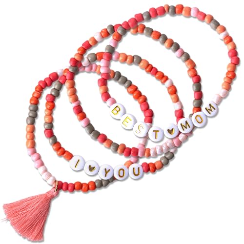 Papierdrachen 4 Perlen-Armbänder in sanften Pastelltönen - mit Quaste-Anhänger - tolle Geschenkidee für Mama und zum Muttertag - I LOVE YOU und BEST MOM - schönes Accessoire - Set 9 von Papierdrachen