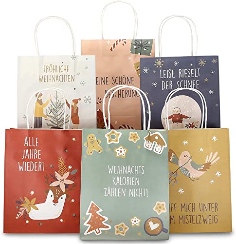 Papierdrachen 6 Bedruckte Henkeltüten zu Weihnachten - Pastell - 22x18x8cm - weihnachtliche Geschenkverpackung - Geschenktüten Set 5 von Papierdrachen