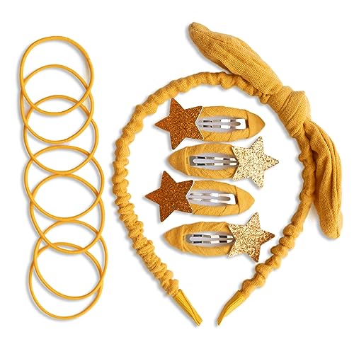 Papierdrachen Besonderes Haar Accessoires Set mit Haarreif, Glitzer-Haarspangen, Haargummis kombiniert mit hochwertigem Musselin Stoff - Senfgelb - für Mädchen und Damen von Papierdrachen