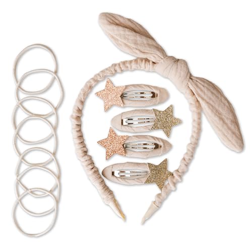 Papierdrachen Besonderes Haar Accessoires Set mit Haarreif, Glitzer-Haarspangen, Haargummis kombiniert mit hochwertigem Musselin Stoff - beige - für Mädchen und Damen von Papierdrachen