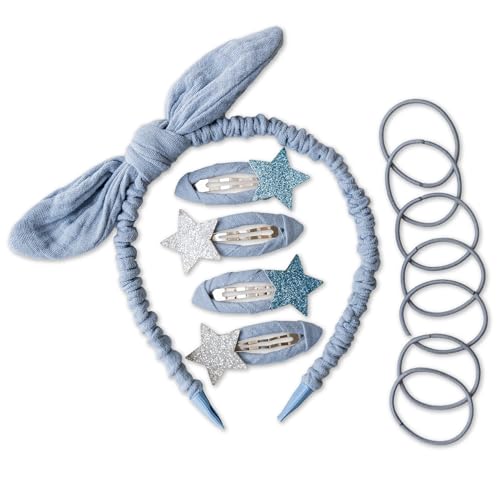 Papierdrachen Besonderes Haar Accessoires Set mit Haarreif, Glitzer-Haarspangen, Haargummis kombiniert mit hochwertigem Musselin Stoff - Hellblau - für Mädchen und Damen von Papierdrachen