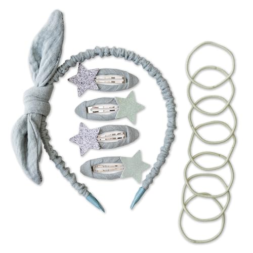 Papierdrachen Besonderes Haar Accessoires Set mit Haarreif, Glitzer-Haarspangen, Haargummis kombiniert mit hochwertigem Musselin Stoff - Salbei - für Mädchen und Damen von Papierdrachen