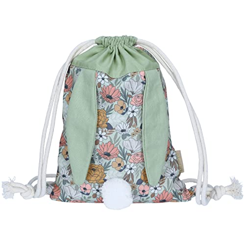 Papierdrachen Hasen Rucksack Blumen & Grün - Turnbeutel aus Baumwolle/Canvas mit langen Hasenohren - Geschenk zu Ostern - Umhängetasche für Mädchen und Jungen von Papierdrachen
