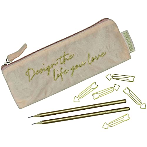 Papierdrachen Mäppchen aus Samt - Elegantes Federmäppchen in puder mit motivierendem Spruch, 2 Bleistifen und 5 goldenen Paper Clips | ideal als Geschenk für Uni und Schule | Set Nr 3 von Papierdrachen