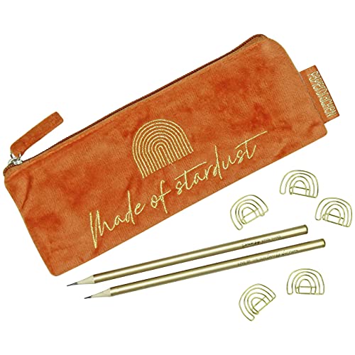 Papierdrachen Mäppchen aus Samt - Elegantes Federmäppchen in rost mit motivierendem Spruch, 2 Bleistifen und 5 goldenen Paper Clips Uni und Schule | Set Nr 4 von Papierdrachen