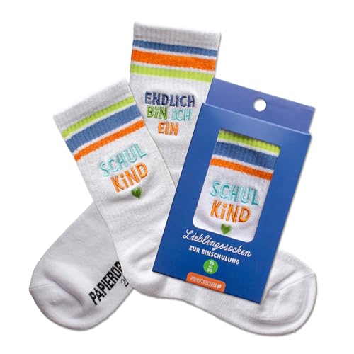 Papierdrachen Schulkind Socken - Blau - Endlich bin ich ein Schulkind - Geschenk zur Einschulung - Kindersocken Größe 26-30 - für Jungen und Mädchen - Schulanfang - Set 02 von Papierdrachen