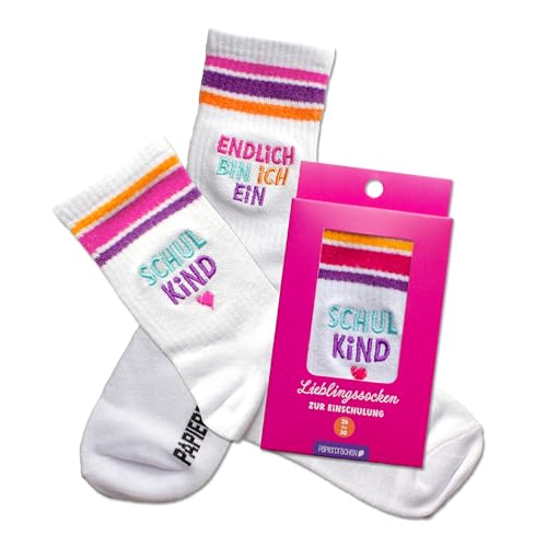 Papierdrachen Schulkind Socken - Pink - Endlich bin ich ein Schulkind - Geschenk zur Einschulung - Kindersocken Größe 26-30 - für Jungen und Mädchen - Schulanfang - Set 01 von Papierdrachen