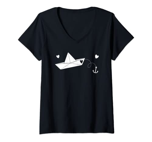 Damen Papierboot und Anker Papierschiff T-Shirt mit V-Ausschnitt von Papierschiff & Anker