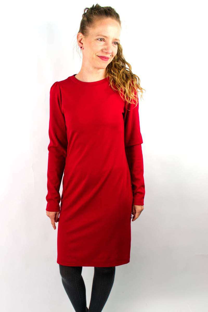 Elegantes Kleid Fine_04 Rot, Figurbetont, Puffärmel, Langarm, Knielang, Leicht Glänzend, Chic, Bleistiftkleid von Papillonid