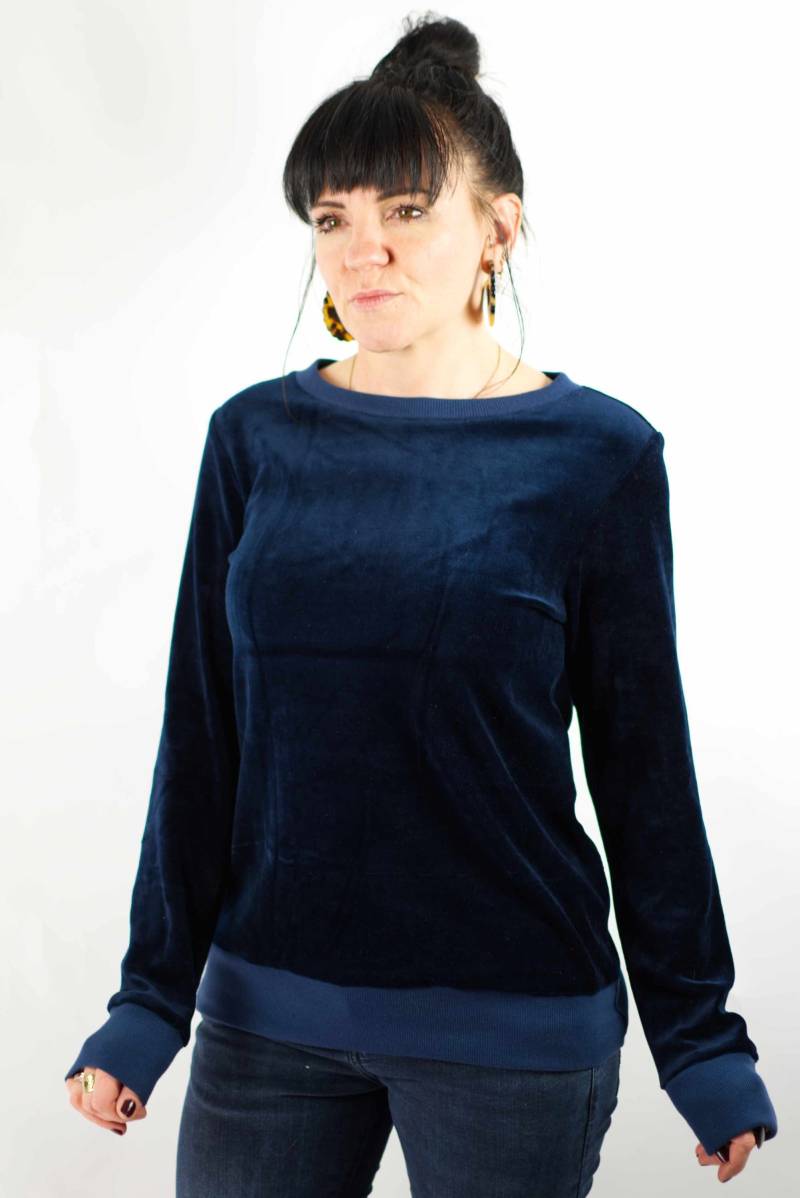 Pullover, Nicki, _09, Dunkellau, U-Bootausschnitt, Langarm, Samtpullover von Papillonid